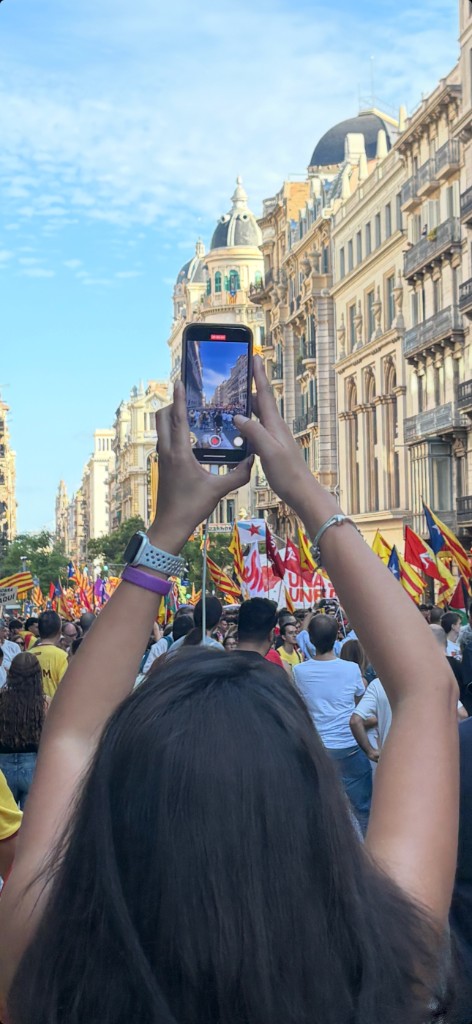 A person filming a live street event with a smartphone